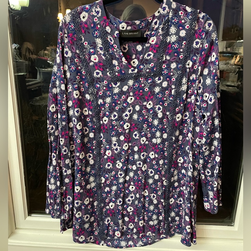 Lane Bryant 14/16 Plus Size Long Sleeve Blouse Top, Gray Blue Pink, Plus SIze